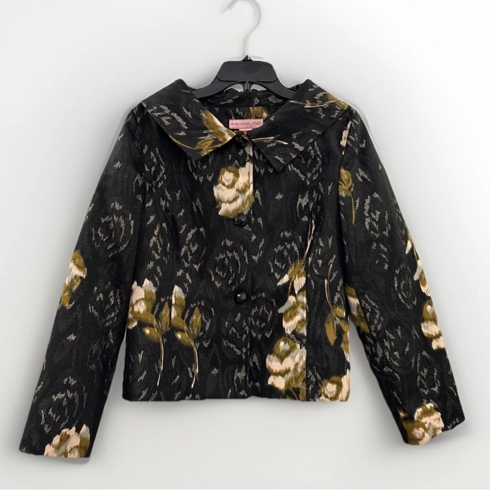 SOLD Bandolino Womens Sz 12 Black Gold Floral Shimmer Button Up Jacket Blazer